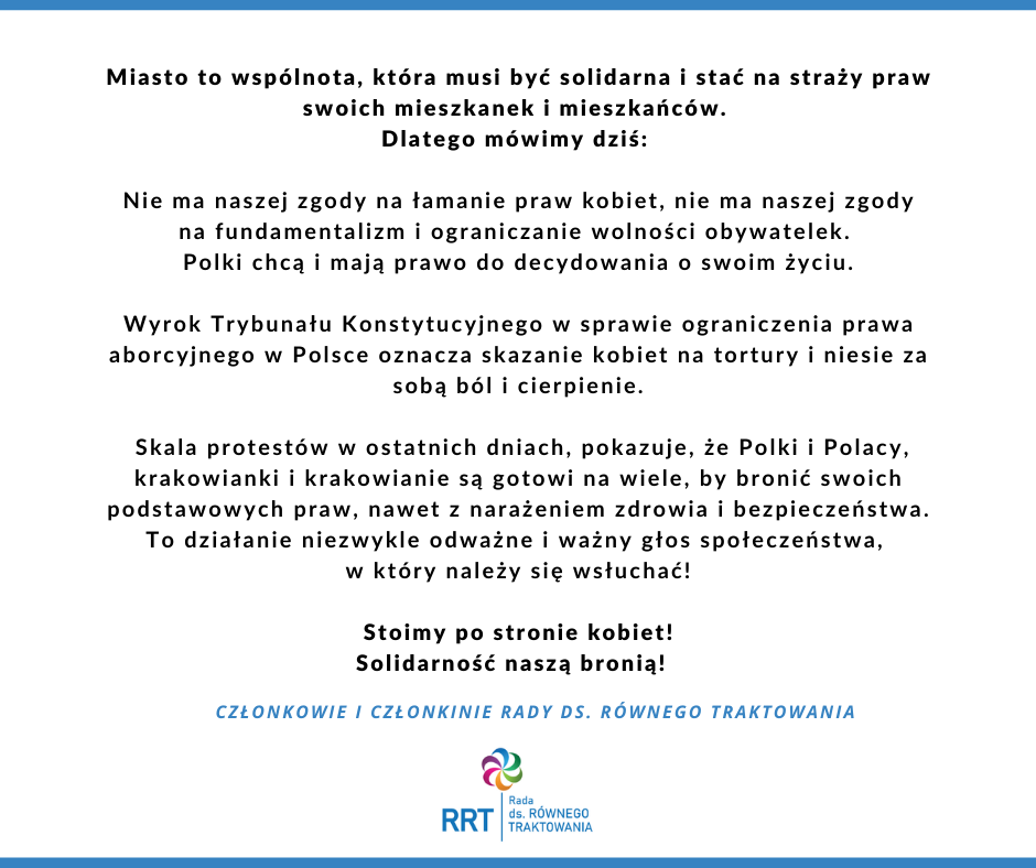 Oświadczenie krakowskiej Rady ds. Równego Traktowania dot. solidarności z kobietami