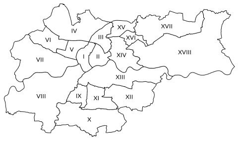 Mapka Krakowa z zaznaczonymi granicami dzielnic