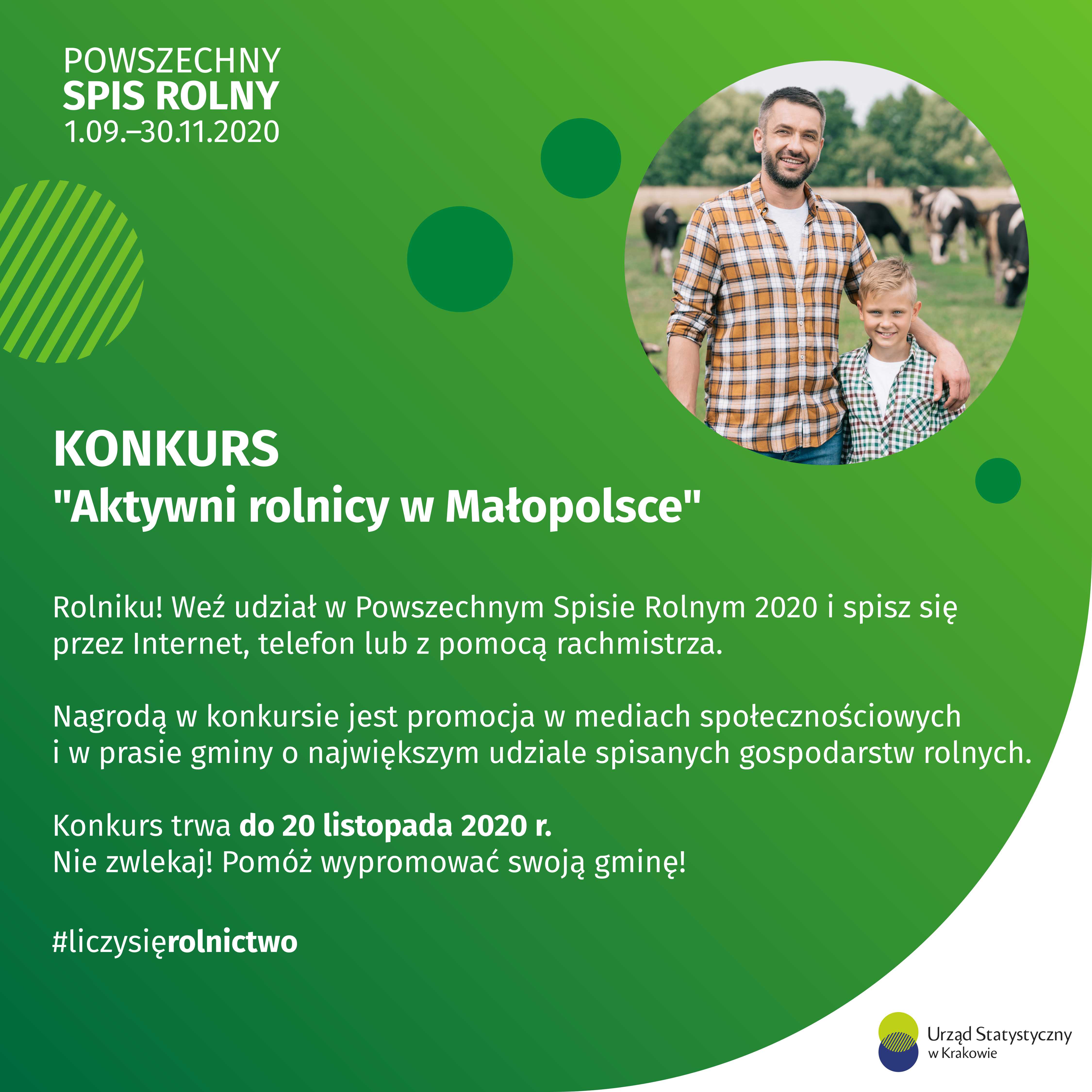 Plakat zachęcający do udziału w konkursie Aktywni rolnicy w Małopolsce. Konkurs trwa do 20 listopada. 