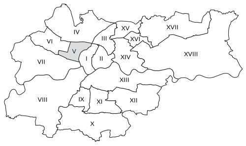 Mapka Krakowa z zaznaczoną Dzielnicą V Krowodrza