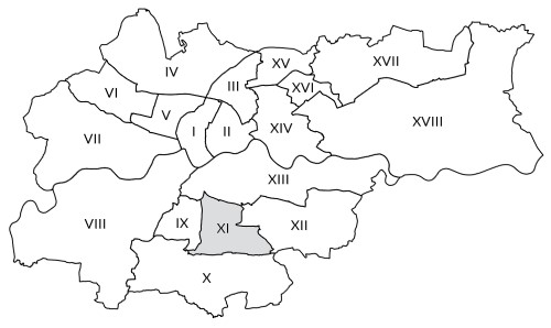 Mapka Krakowa z zaznaczoną Dzielnicą Jedenastą Podgórze Duchackie