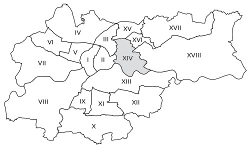 Mapka Krakowa z zaznaczoną Dzielnicą XIV Czyżyny