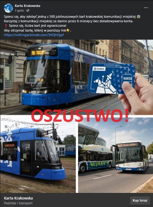 fałszywy profil Karty Krakowskiej na portalu Facebook