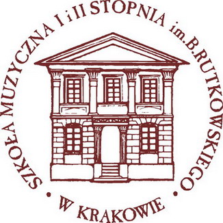 logo szkoły przedstawiające fasadę budynku oraz napis Szkoła Muzyczna I i II stopnia im. B. Rutkowskiego w Krakowie