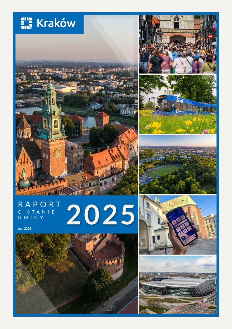 Okładka Raportu o stanie Gminy Kraków za 2025 rok. Po lewej stronie pionowe zdjęcie panoramiczne Wzgórza Wawelskiego, po prawej cztery zdjęcia Krakowa oraz zdjecie aplikacji mobilnej mKraków.